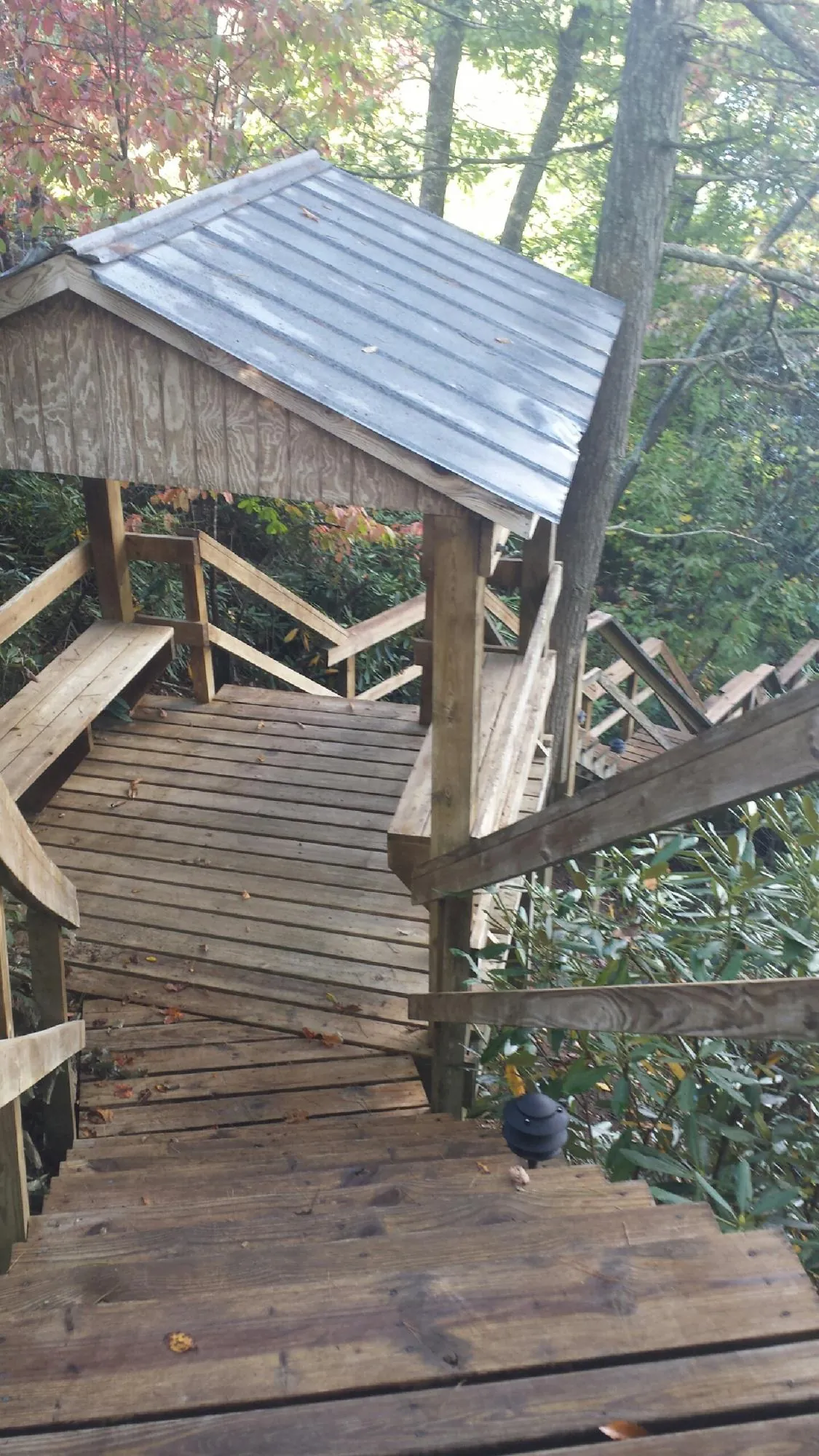 Metal roofed shelter over wooden steps on a wooded walkway — Skylight Repair & Installation work by our crew in Boone